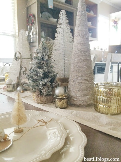 christmas tablescape, christmas decor, tablescape, decor blog, bottle brush trees, michaels, target, bath and body works candle, sled